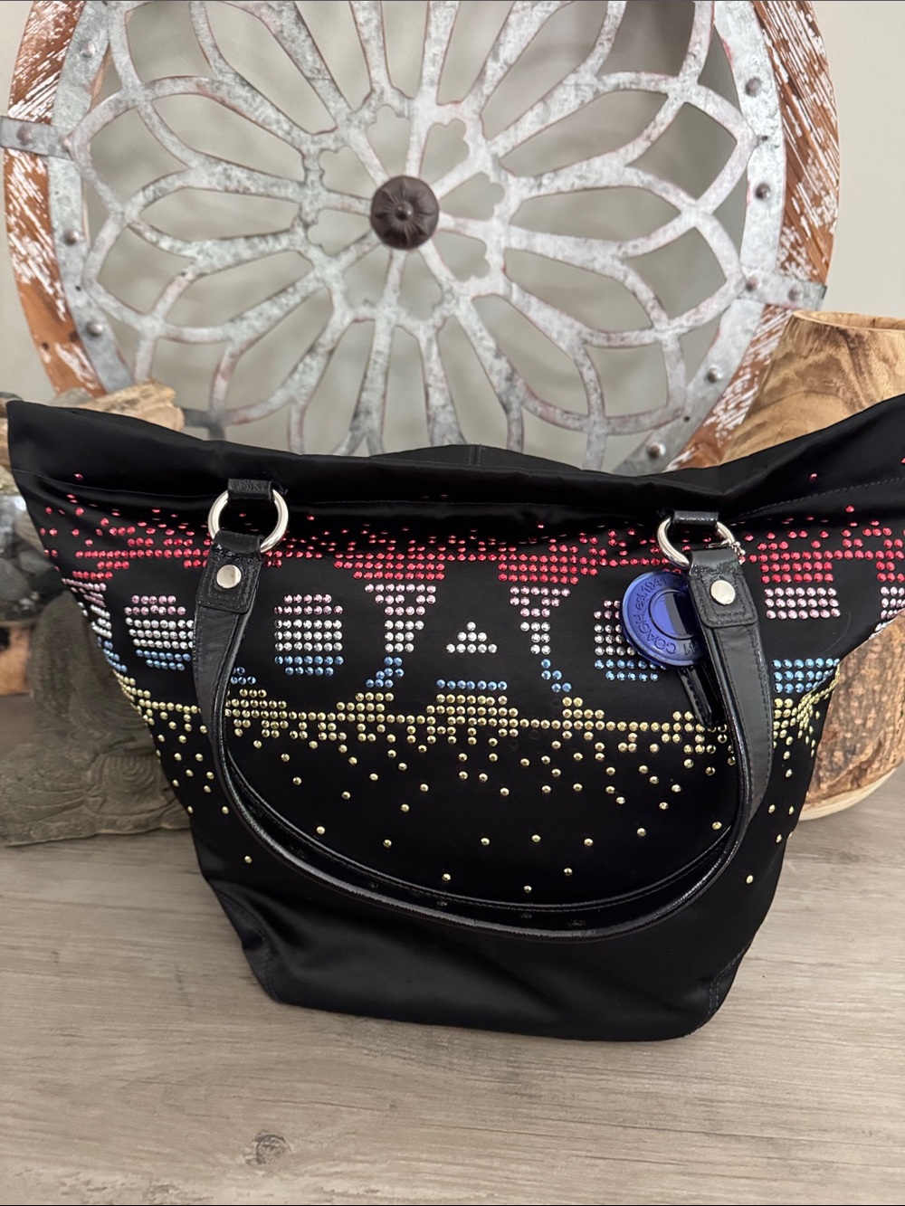 Coach Black Tote with Red, Blue and Gold Studded Ombre Logo - Picture 11 of 12